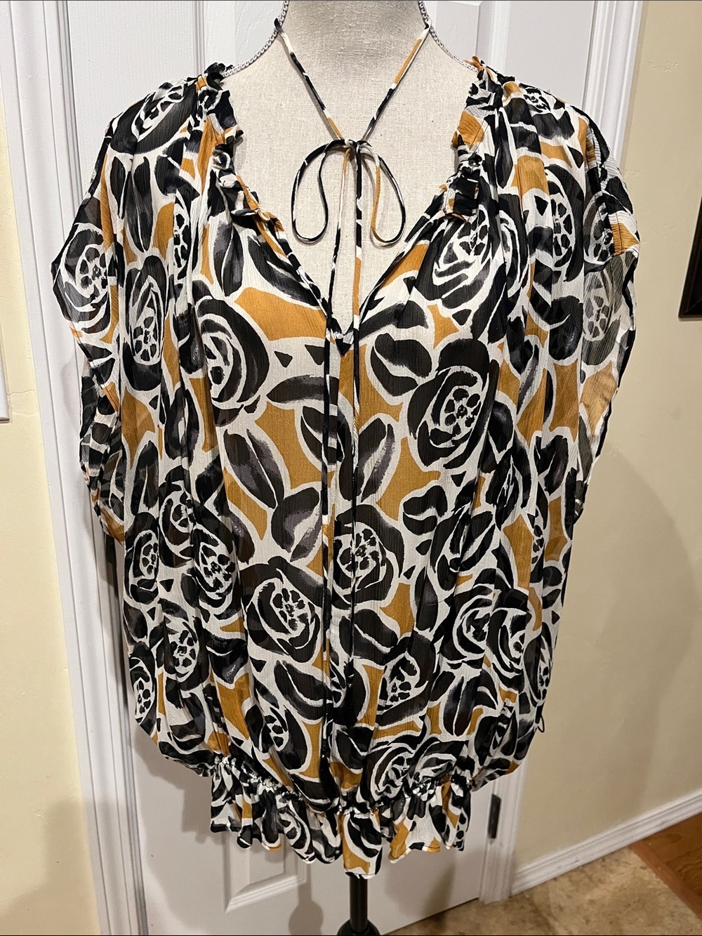Lucky Brand Black and Mustard Floral Blouse